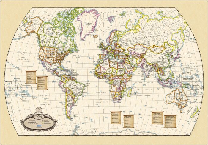 Antique World Wall Map - English and French Map