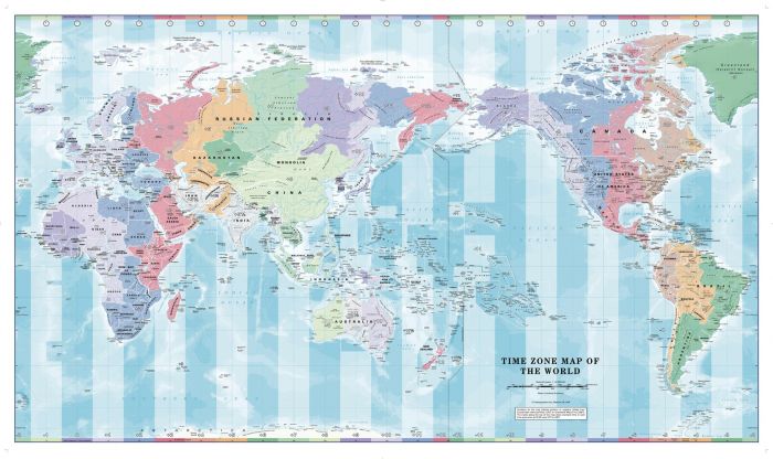 Pacific Centred Time Zone Wall Map of the World Map