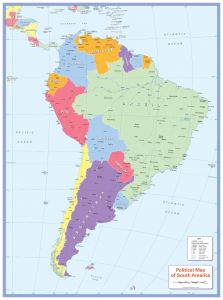 Colour blind friendly Political Wall Map of South America Map