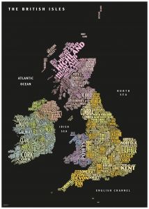 Graphic Map UK - counties, black background Map