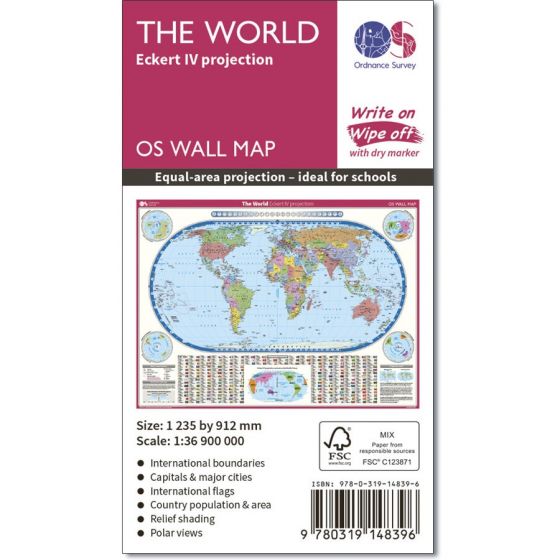 OS Wall Map - Eckert IV Projection Map Of The World