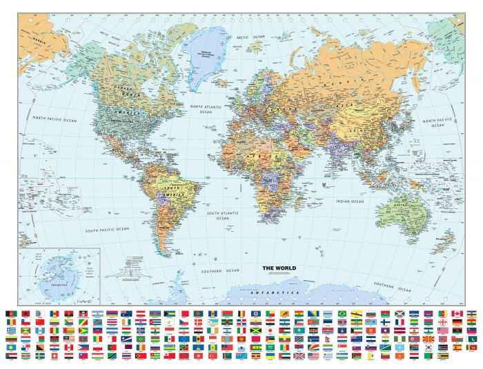 Classic World Wall Map with Flags Map