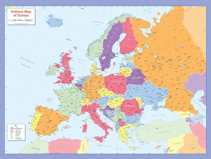 Colour blind friendly Political Wall Map of Europe Map